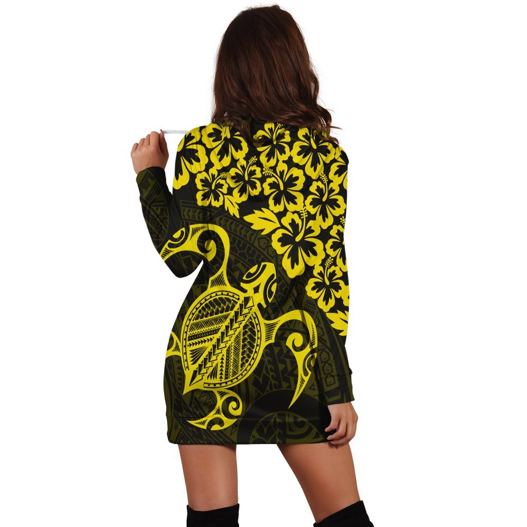 Hawaiian Map Turtle Hibiscus Kanaka Polynesian Hoodie Dress - Yellow - AH - Polynesian Pride