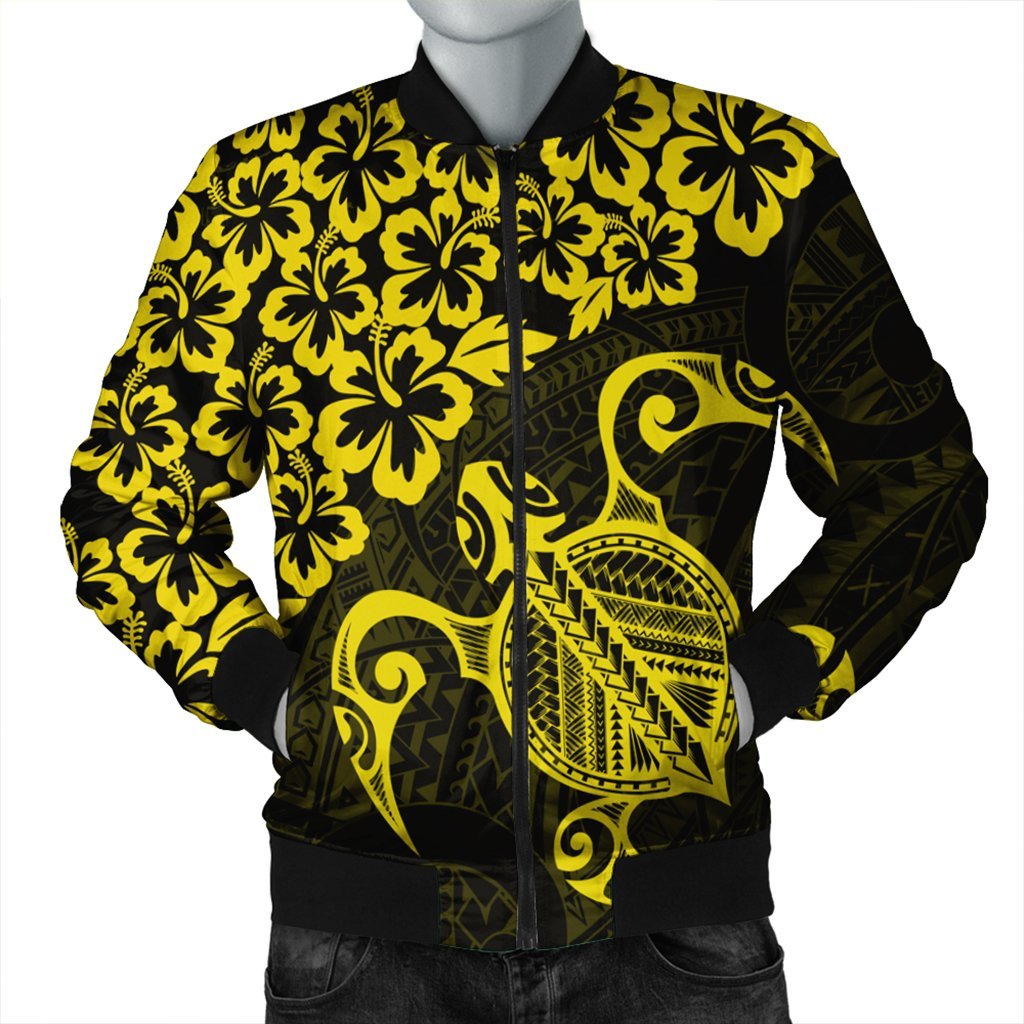 Hawaiian Map Turtle Hibiscus Kanaka Polynesian Bomber Jacket - Yellow - AH Black Unisex - Polynesian Pride