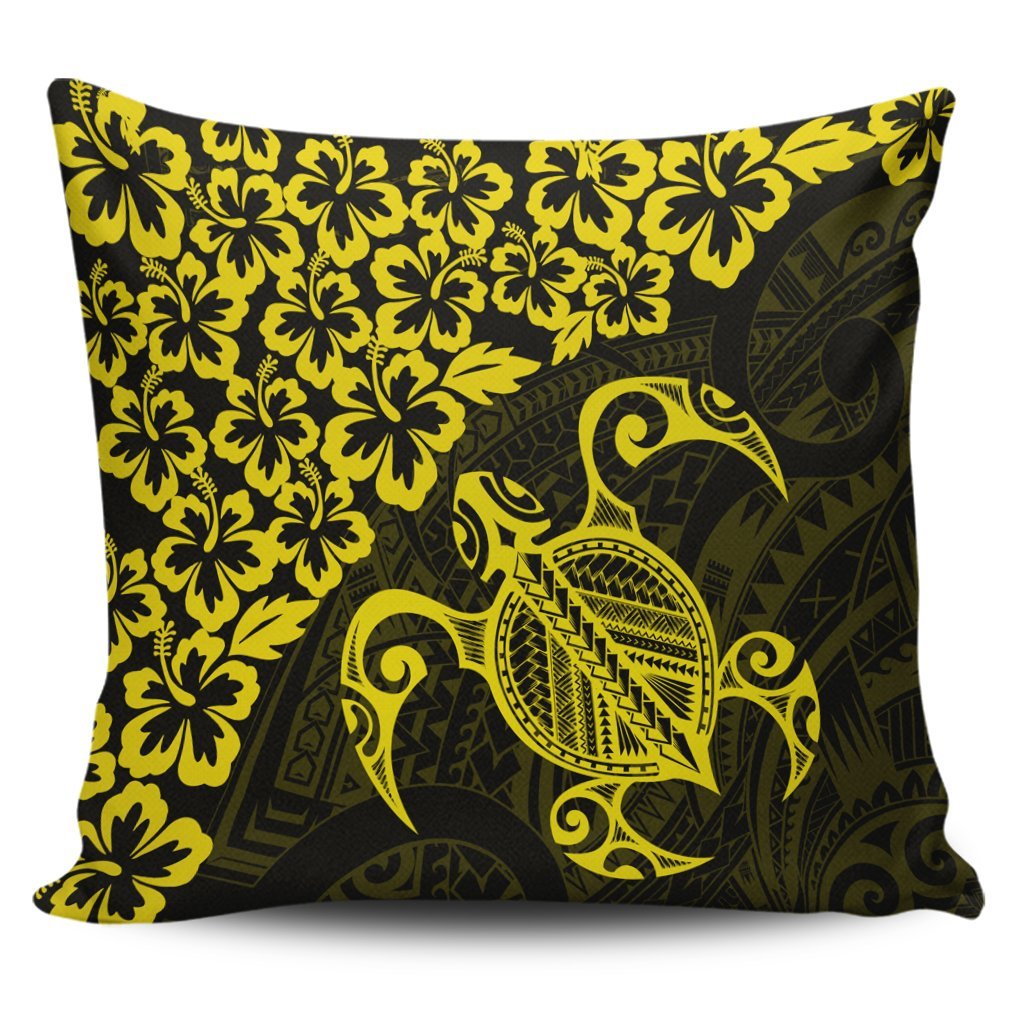 Hawaiian Map Turtle Hibiscus Kanaka Polynesian Pillow Covers - Yellow - AH Pillow Covers Black - Polynesian Pride