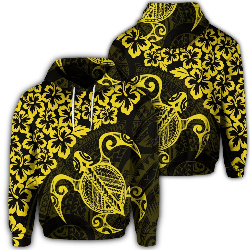 Hawaiian Map Turtle Hibiscus Kanaka Polynesian Hoodie Yellow Unisex Art - Polynesian Pride