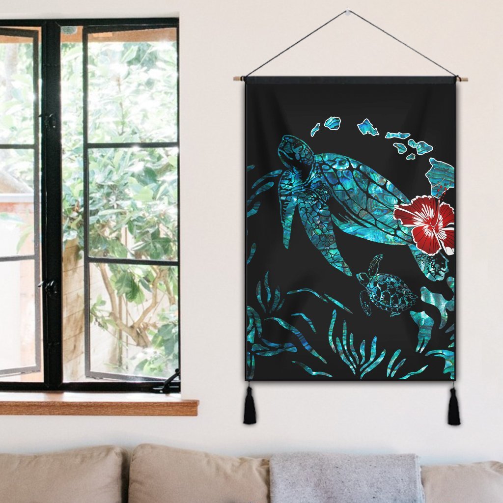 Hawaiian Map Turtle Hibiscus Ohana Honu Paua Shell Hanging Poster - AH - Polynesian Pride