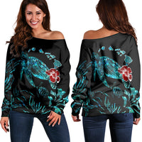 Hawaiian Map Turtle Hibiscus Ohana Honu Paua Shell Women's Off Shoulder Sweater - AH Black - Polynesian Pride