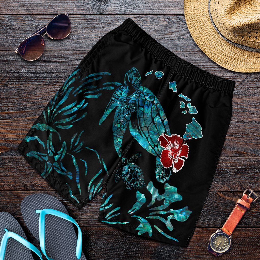 Hawaiian Map Turtle Hibiscus Ohana Honu Paua Shell Men's Shorts - AH Art - Polynesian Pride