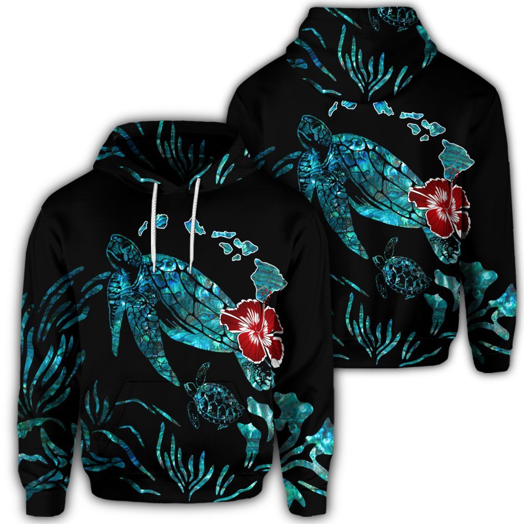 Hawaiian Map Turtle Hibiscus Ohana Honu Paua Shell Hoodie Unisex Art - Polynesian Pride