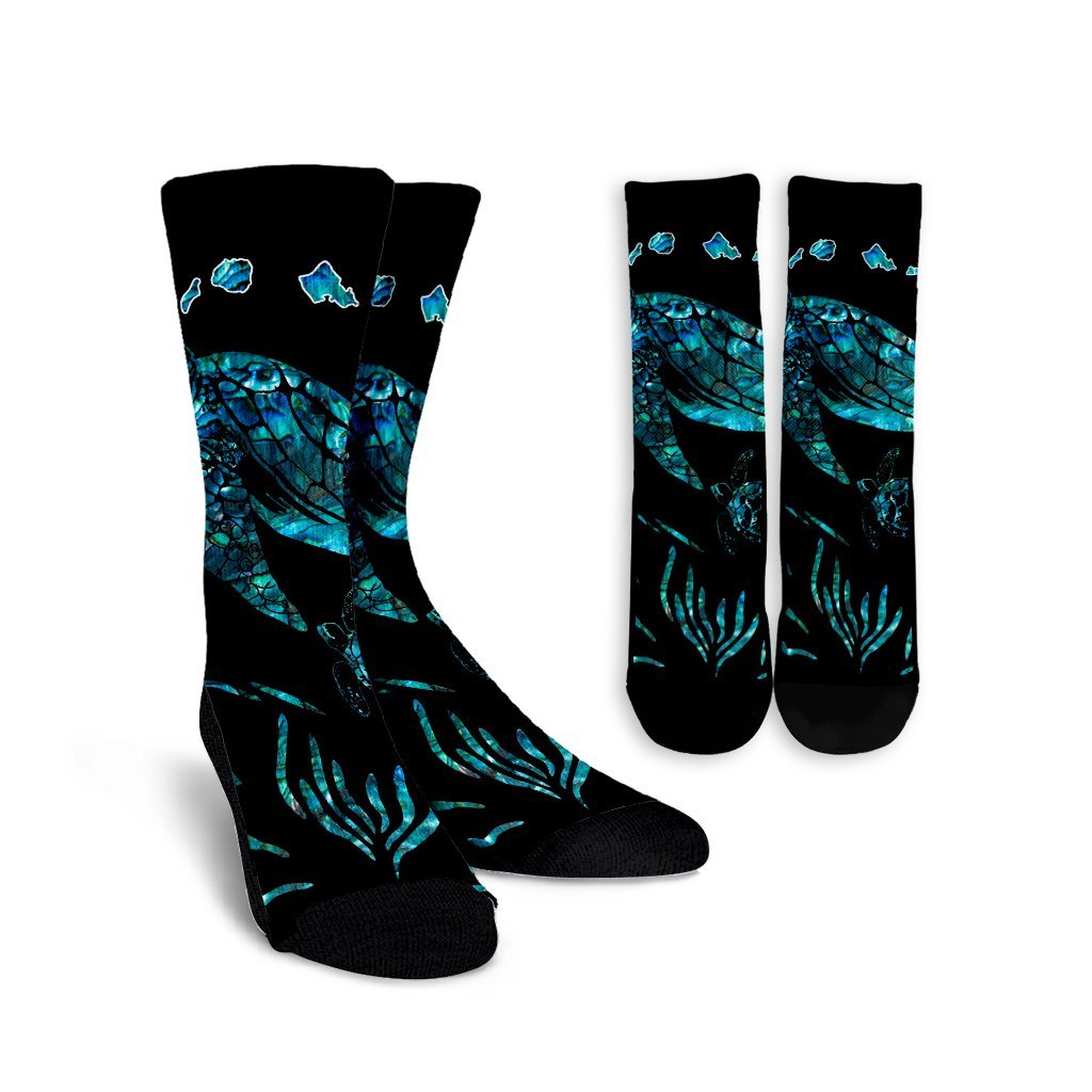 Hawaiian Map Turtle Hibiscus Ohana Honu Paua Shell Crew Socks - AH Crew Socks White - Polynesian Pride