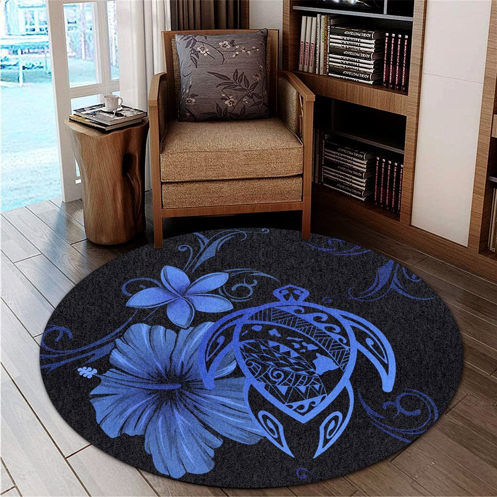 Hawaiian Map Turtle Hibiscus Plumeria Polynesian Round Carpet - Blue - AH - Polynesian Pride