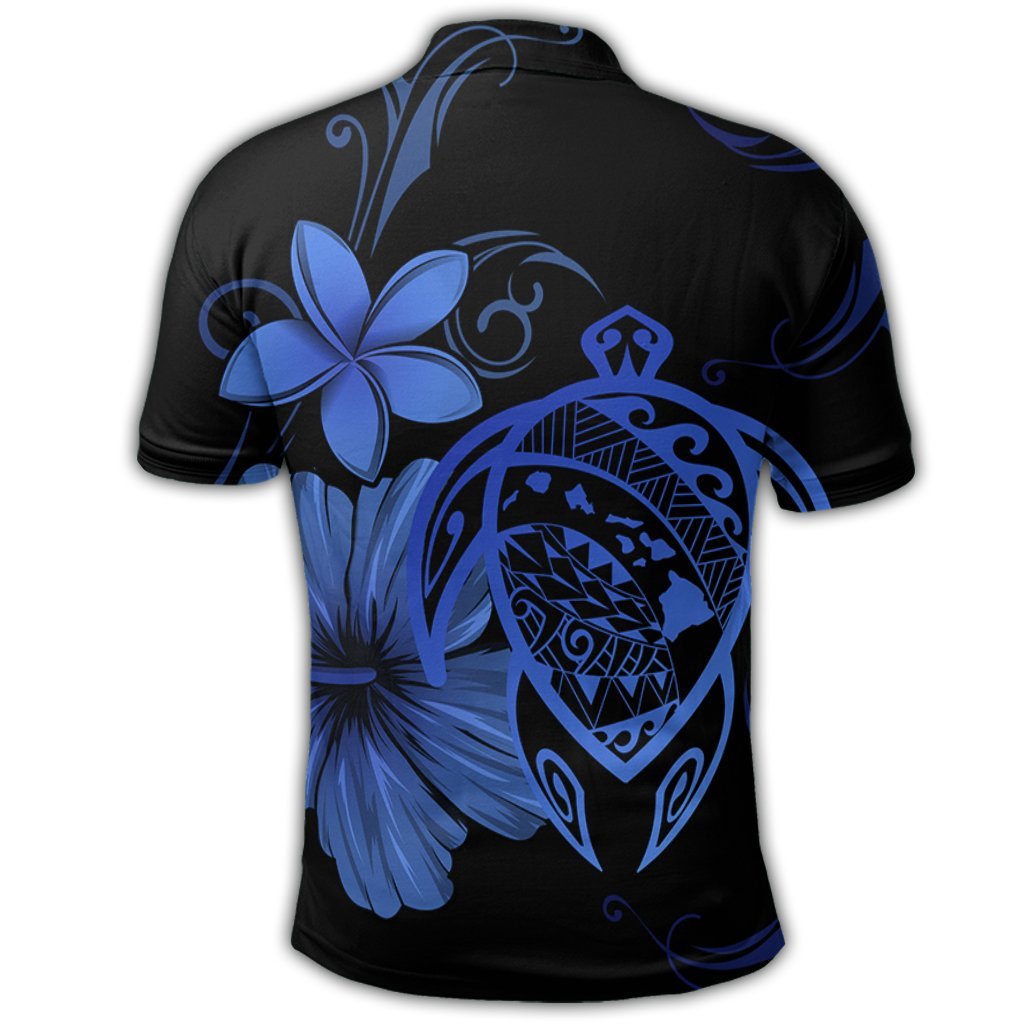 Hawaiian Map Turtle Hibiscus Plumeria Polynesian Polo Shirt Blue - Polynesian Pride