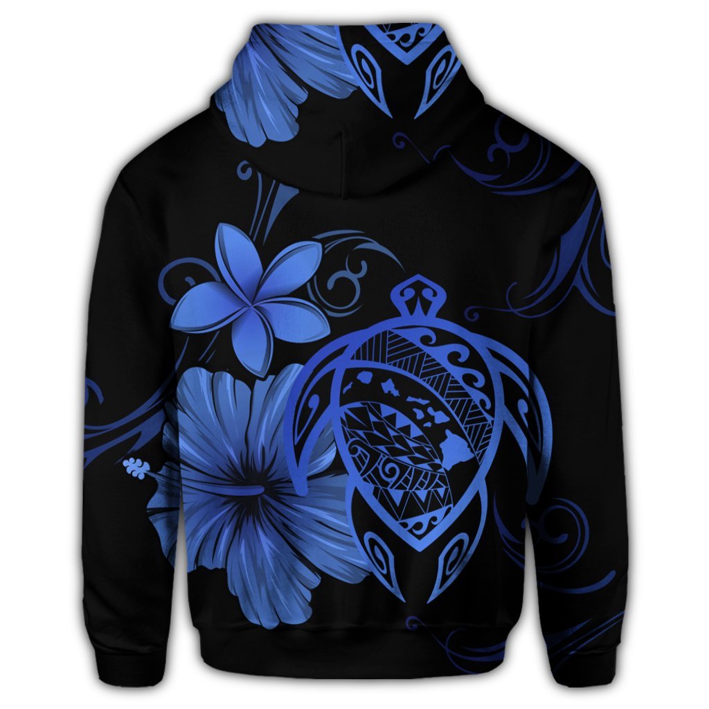 Hawaiian Map Turtle Hibiscus Plumeria Polynesian Zip Hoodie Blue - Polynesian Pride