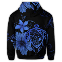 Hawaiian Map Turtle Hibiscus Plumeria Polynesian Zip Hoodie Blue - Polynesian Pride