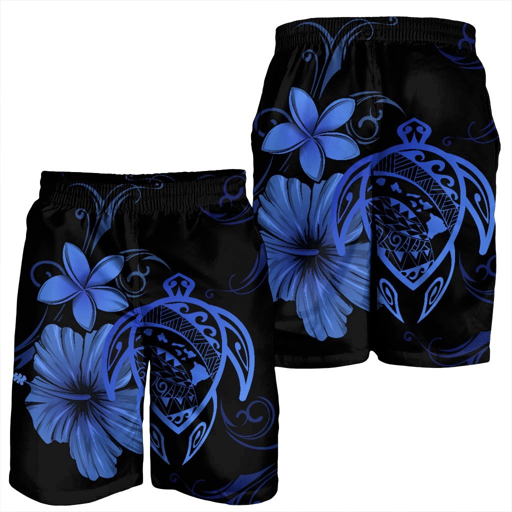 Hawaiian Map Turtle Hibiscus Plumeria Polynesian Men's Shorts - Blue - AH - Polynesian Pride