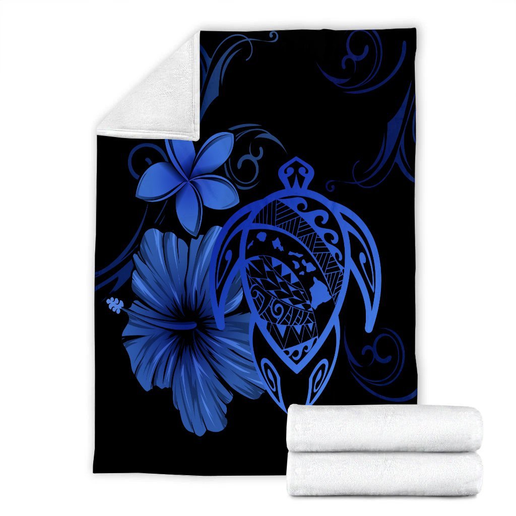 Hawaiian Map Turtle Hibiscus Plumeria Polynesian Premium Blankets - Blue - AH - Polynesian Pride