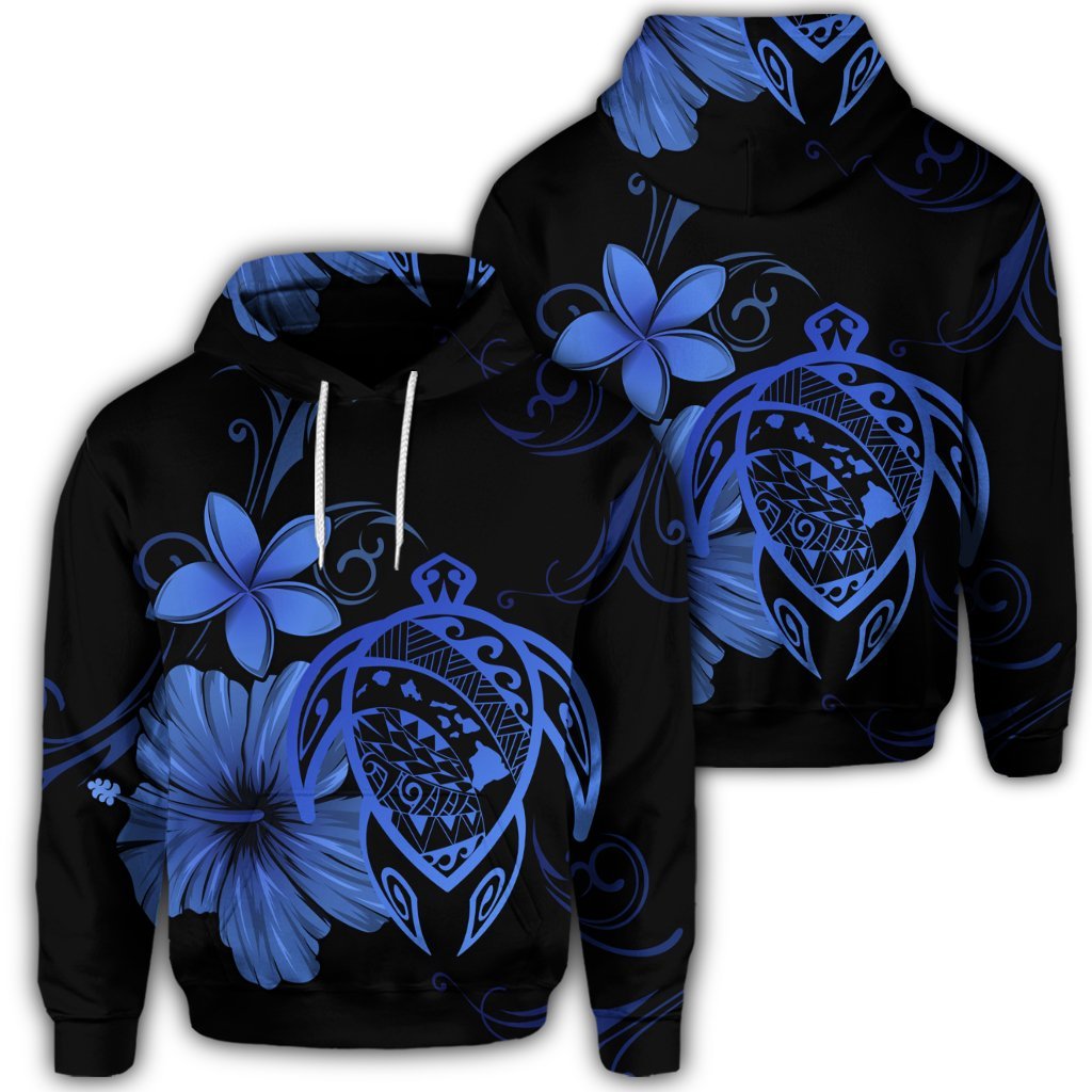 Hawaiian Map Turtle Hibiscus Plumeria Polynesian Hoodie Blue Unisex Art - Polynesian Pride