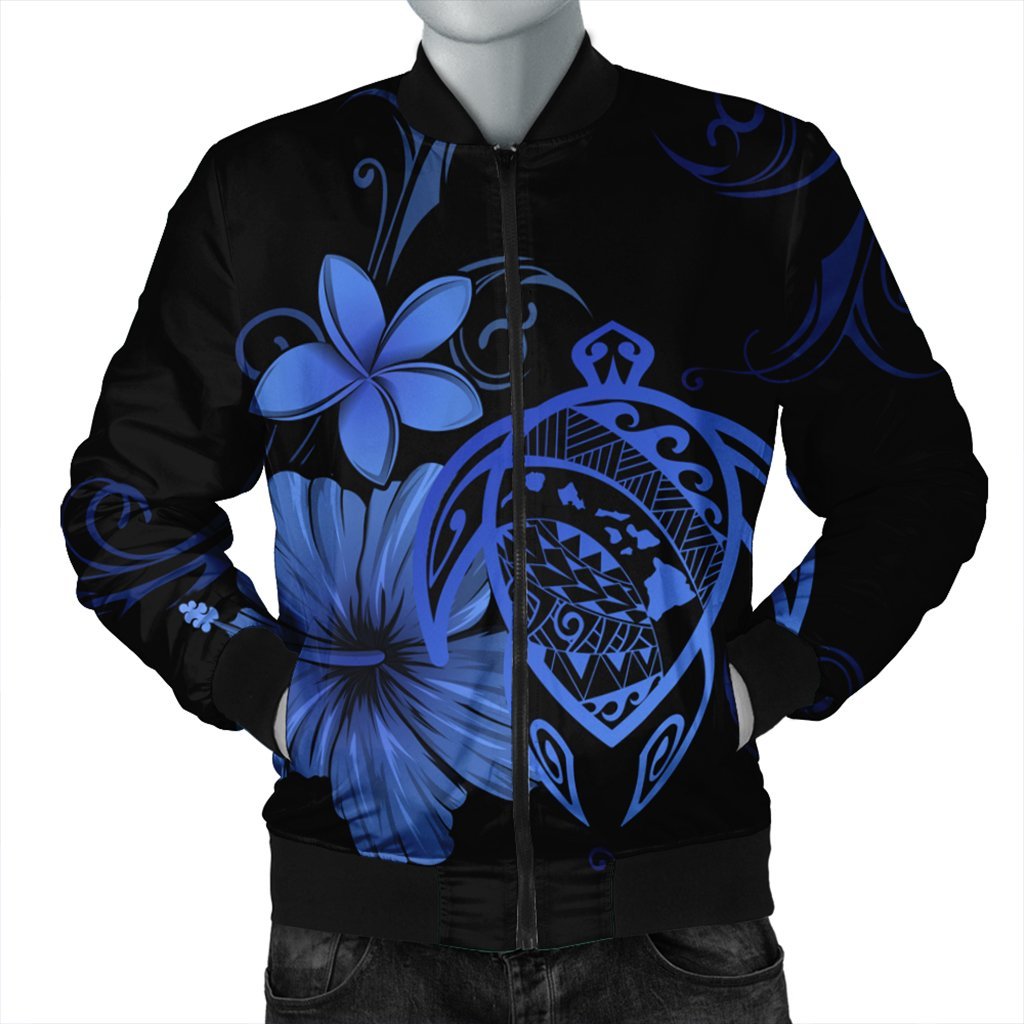 Hawaiian Map Turtle Hibiscus Plumeria Polynesian Bomber Jacket - Blue - AH Black Unisex - Polynesian Pride