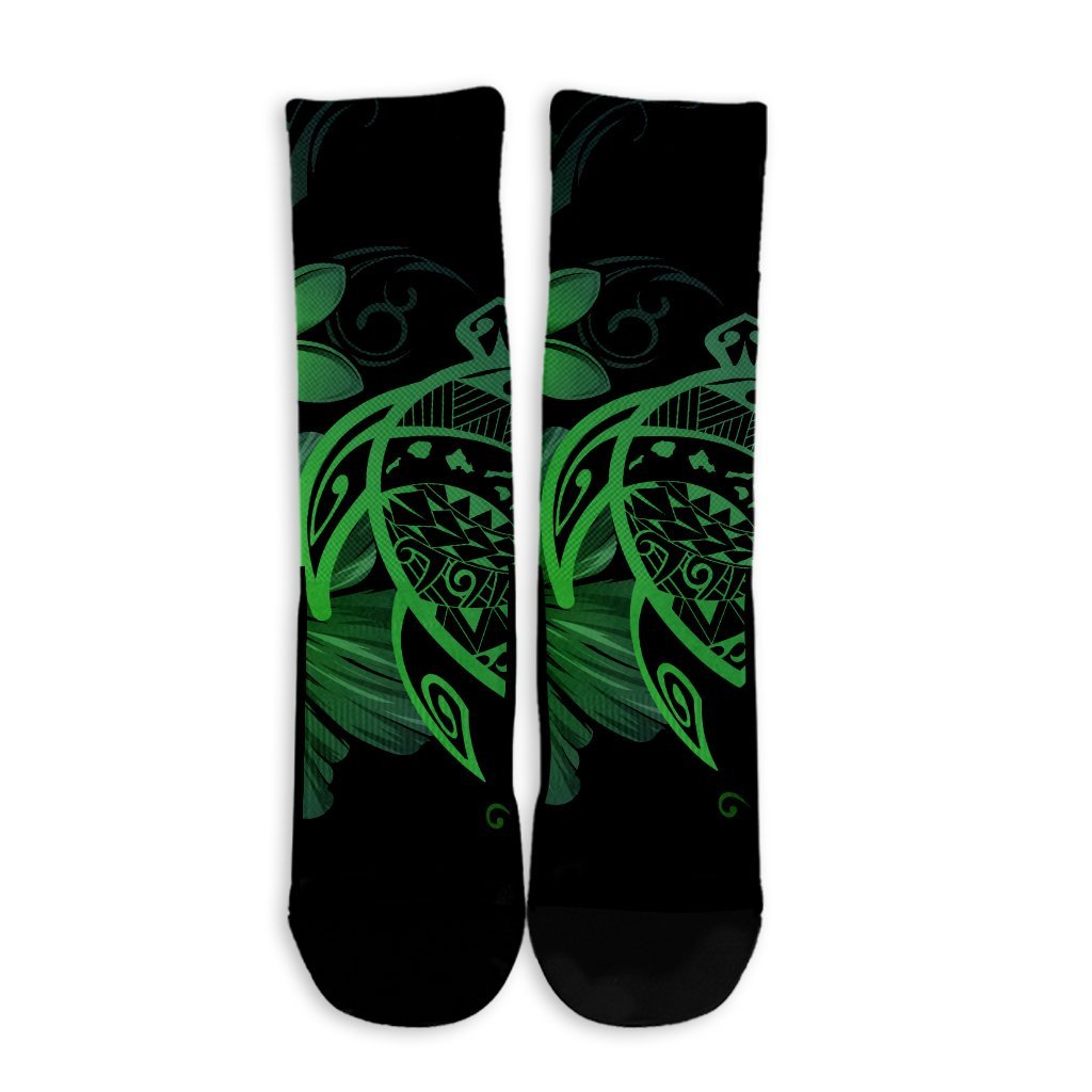 Hawaiian Map Turtle Hibiscus Plumeria Polynesian Crew Socks - Green - AH - Polynesian Pride