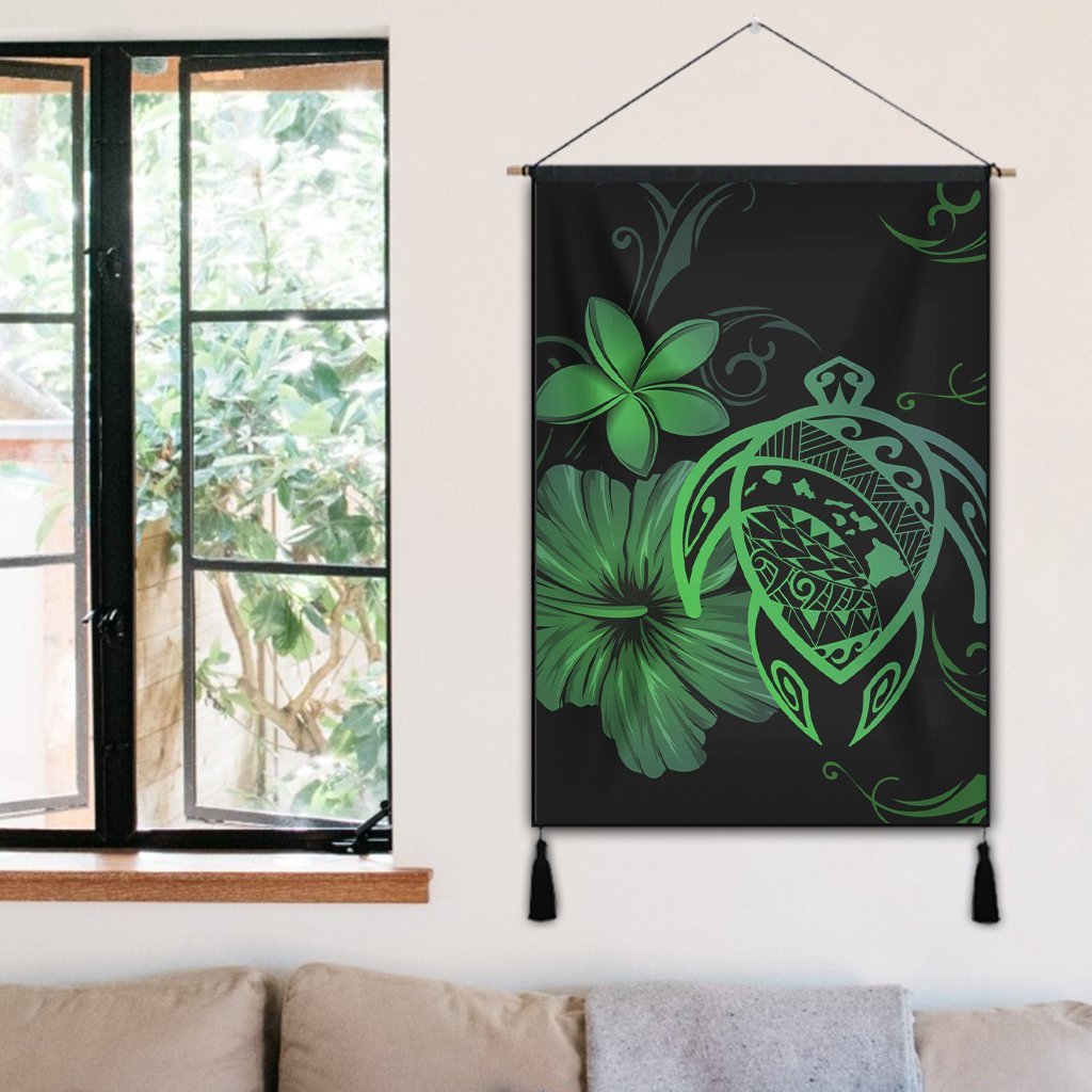 Hawaiian Map Turtle Hibiscus Plumeria Polynesian Hanging Poster - Green - AH - Polynesian Pride
