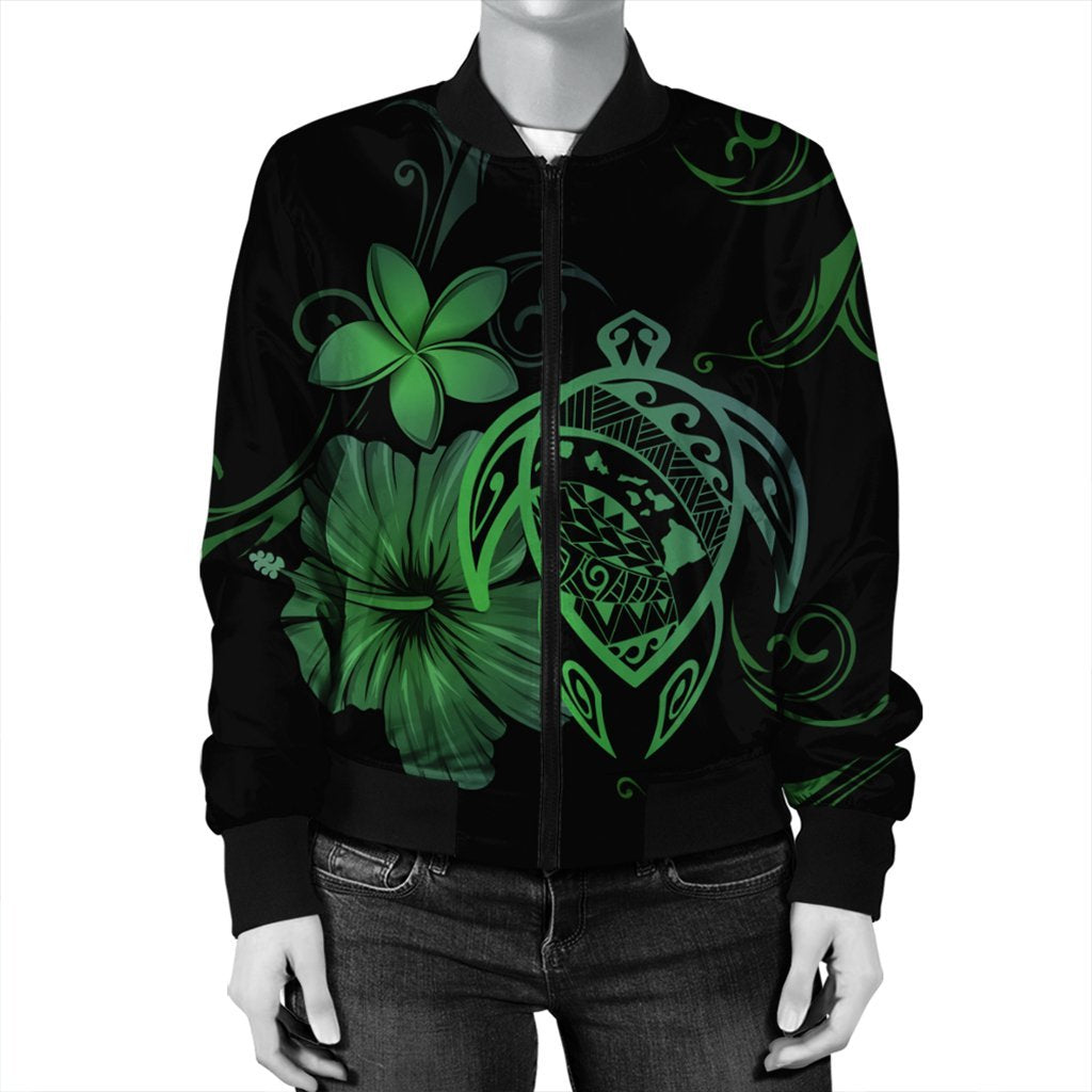 Hawaiian Map Turtle Hibiscus Plumeria Polynesian Bomber Jacket - Green - AH - Polynesian Pride