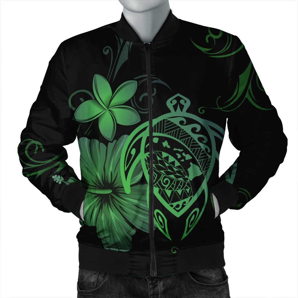 Hawaiian Map Turtle Hibiscus Plumeria Polynesian Bomber Jacket - Green - AH Black Unisex - Polynesian Pride