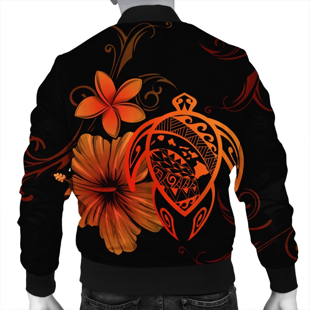Hawaiian Map Turtle Hibiscus Plumeria Polynesian Bomber Jacket - Orange - AH - Polynesian Pride