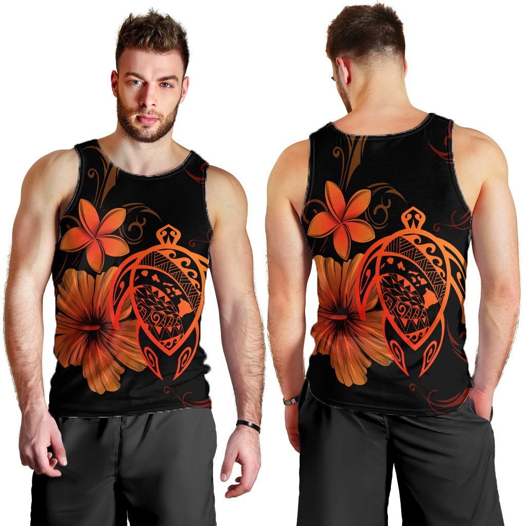 Hawaiian Map Turtle Hibiscus Plumeria Polynesian Tank Top - Orange - AH - Polynesian Pride
