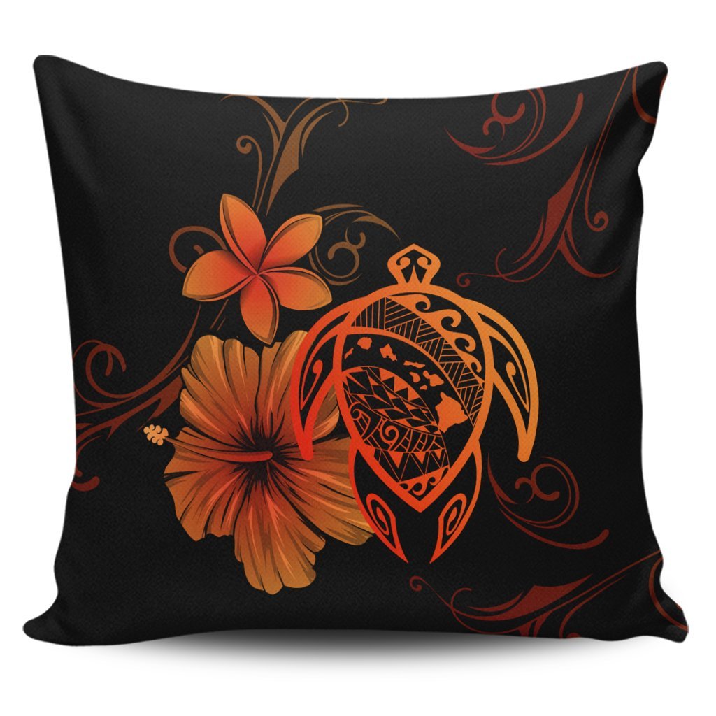 Hawaiian Map Turtle Hibiscus Plumeria Polynesian Pillow Covers - Orange - AH Pillow Covers Black - Polynesian Pride