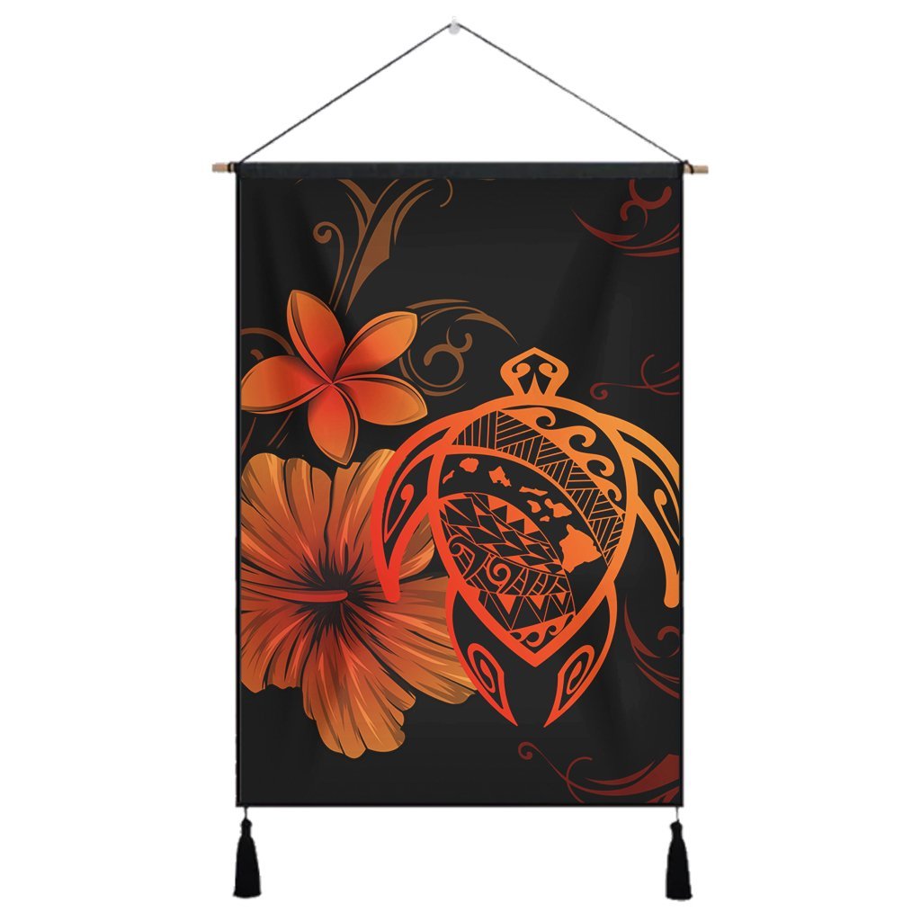 Hawaiian Map Turtle Hibiscus Plumeria Polynesian Hanging Poster - Orange - AH Hanging Poster Cotton And Linen - Polynesian Pride