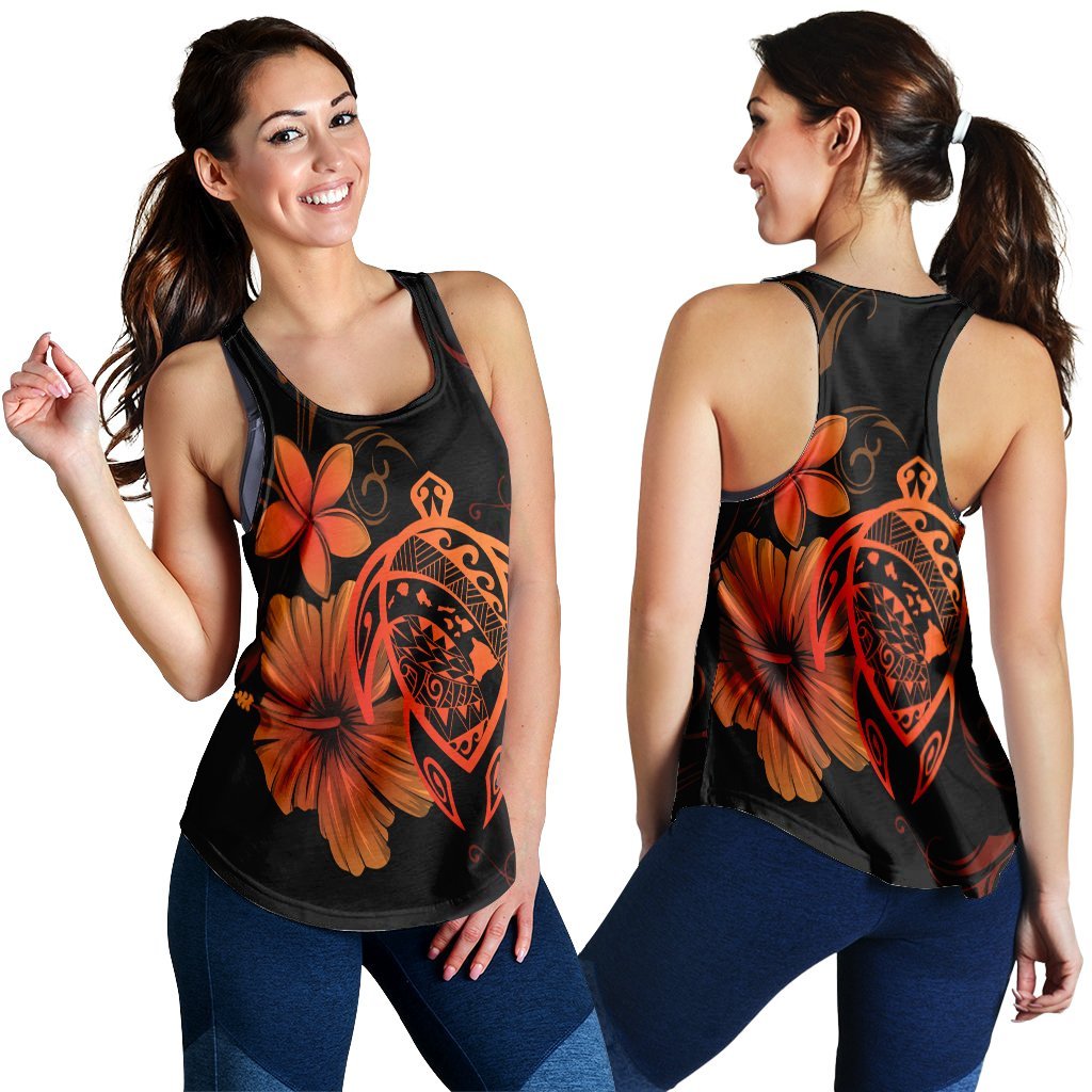 Hawaiian Map Turtle Hibiscus Plumeria Polynesian Racerback Tank - Orange - AH Black - Polynesian Pride