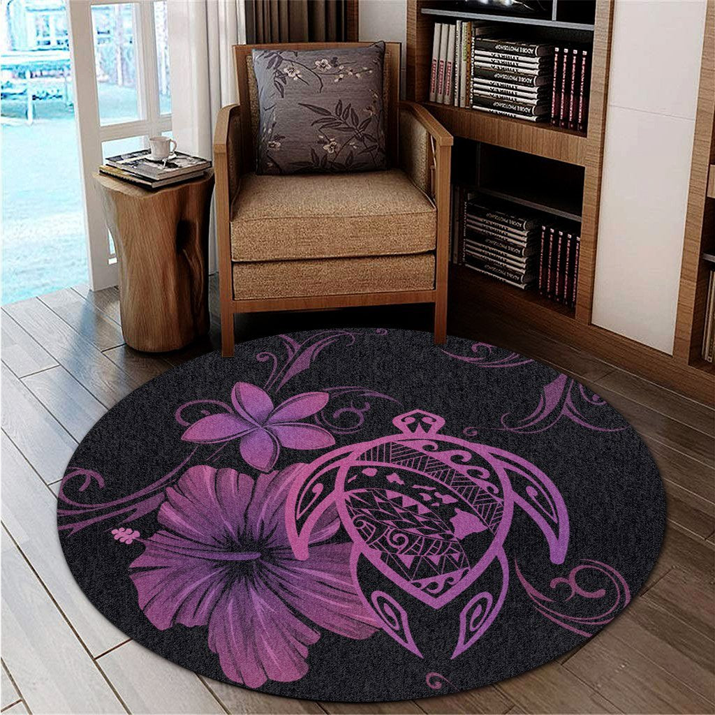 Hawaiian Map Turtle Hibiscus Plumeria Polynesian Round Carpet - Pink - AH - Polynesian Pride