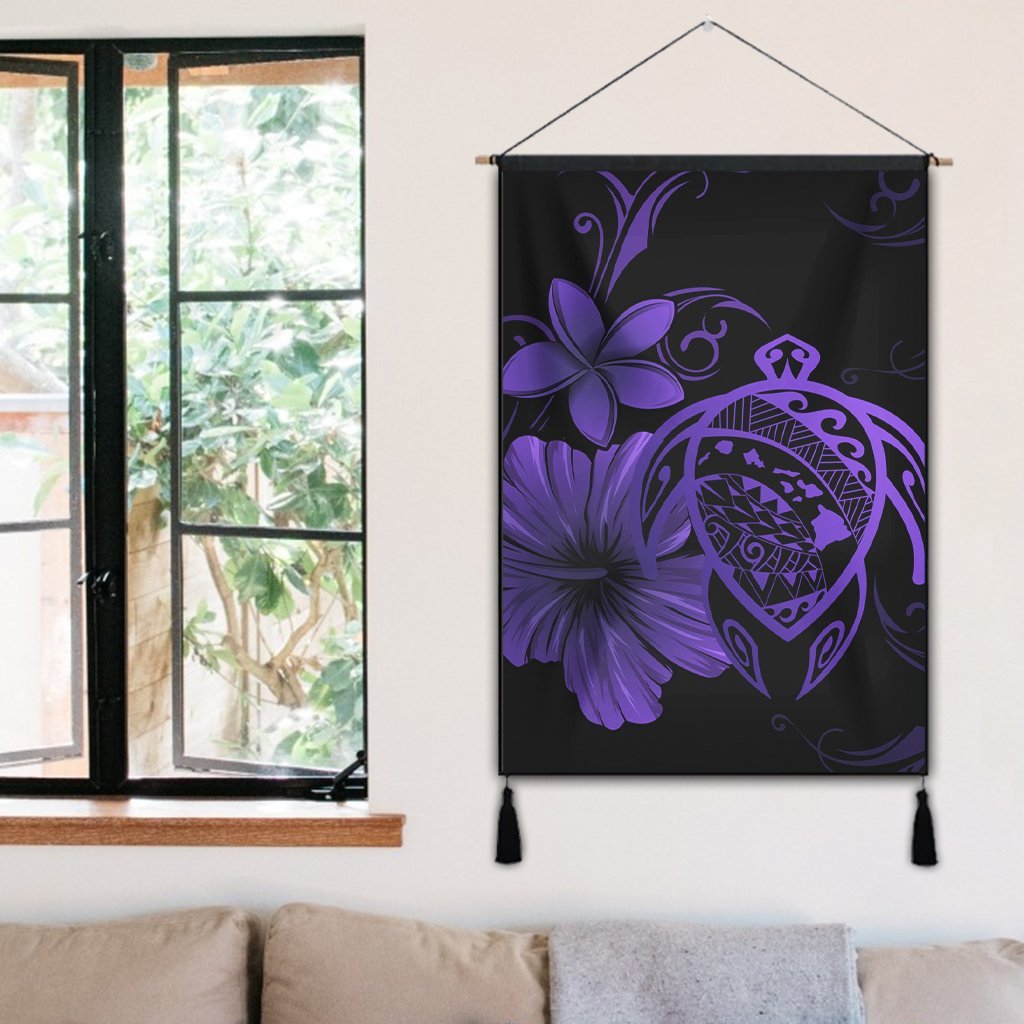 Hawaiian Map Turtle Hibiscus Plumeria Polynesian Hanging Poster - Purple - AH - Polynesian Pride