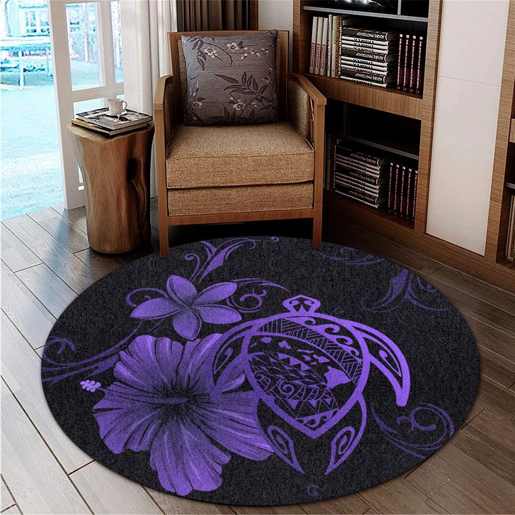 Hawaiian Map Turtle Hibiscus Plumeria Polynesian Round Carpet - Purple - AH - Polynesian Pride