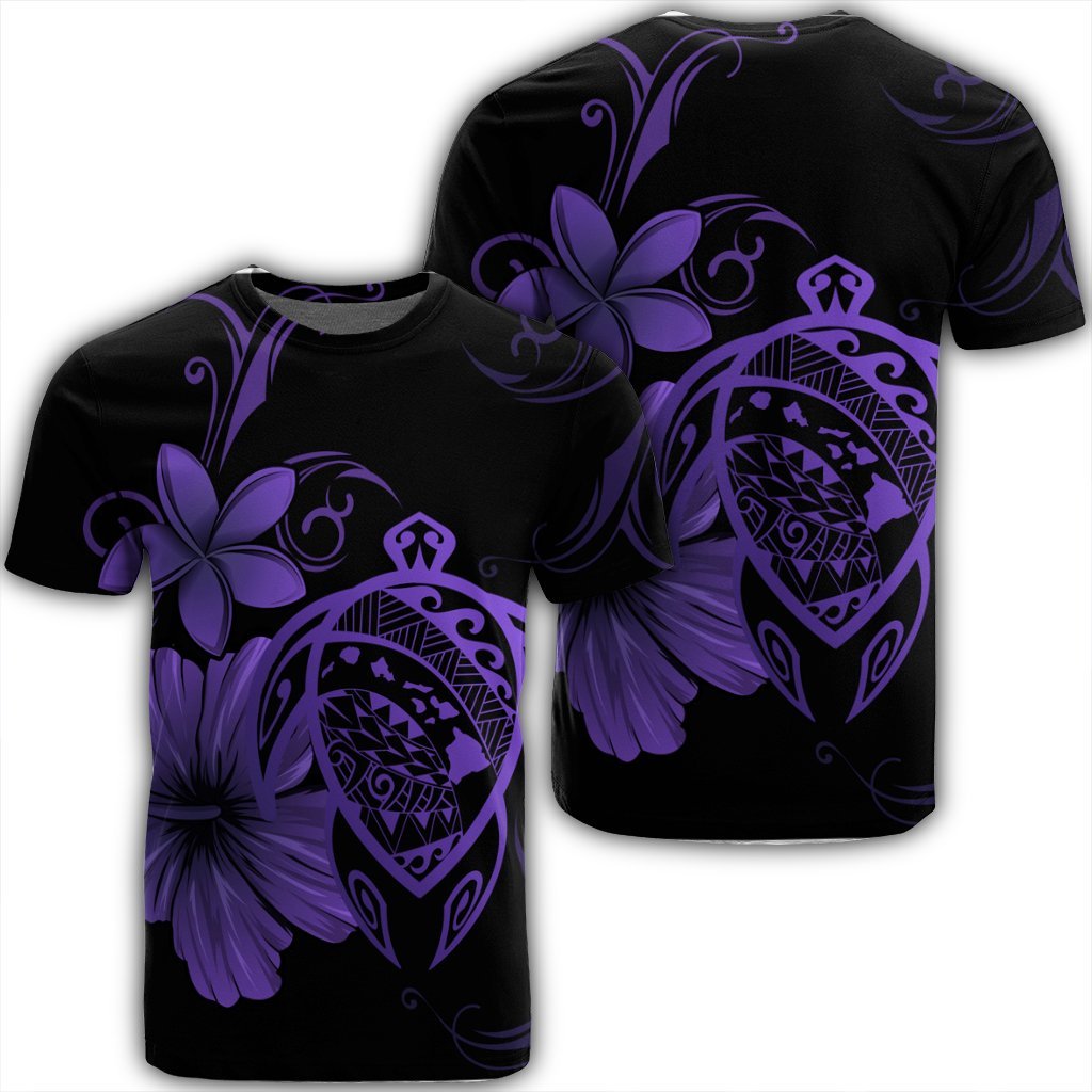 Hawaiian Map Turtle Hibiscus Plumeria Polynesian T Shirt Purple Unisex Black - Polynesian Pride