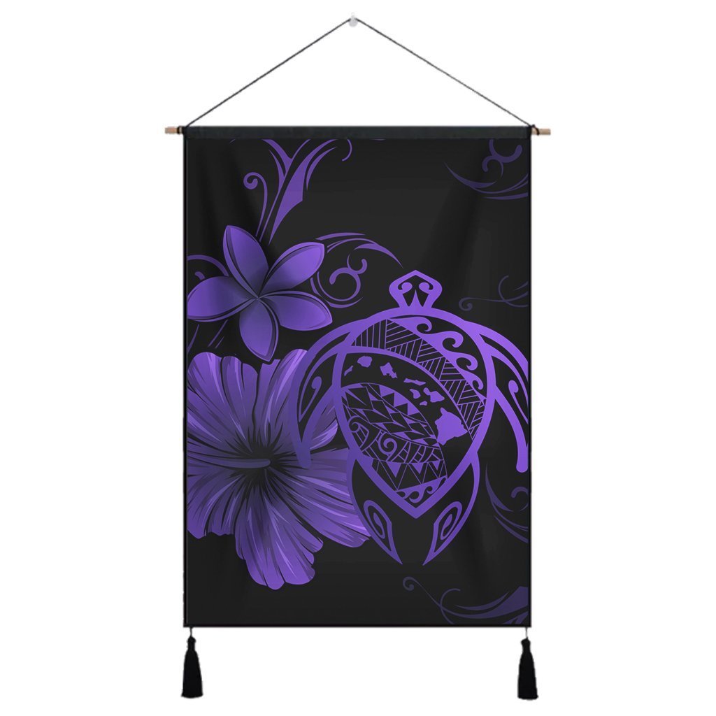 Hawaiian Map Turtle Hibiscus Plumeria Polynesian Hanging Poster - Purple - AH Hanging Poster Cotton And Linen - Polynesian Pride