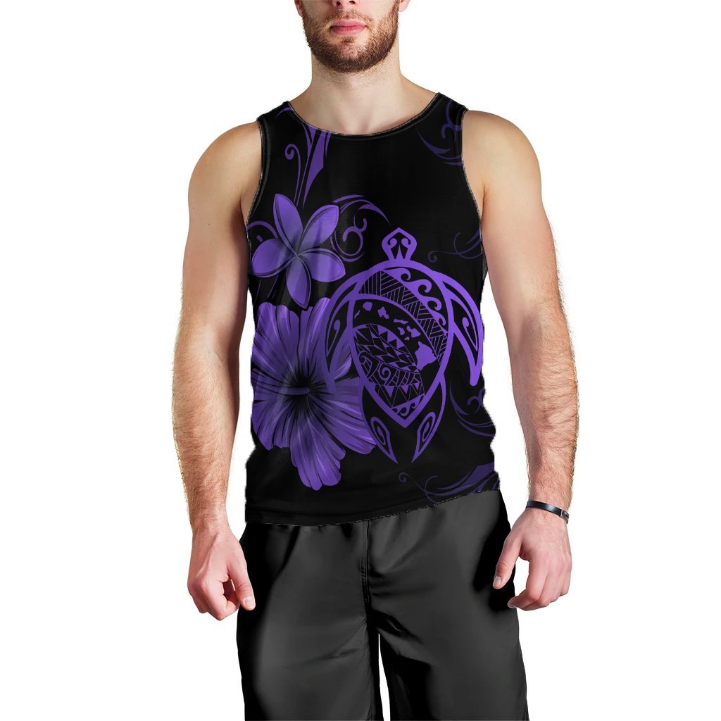 Hawaiian Map Turtle Hibiscus Plumeria Polynesian Tank Top - Purple - AH Black - Polynesian Pride