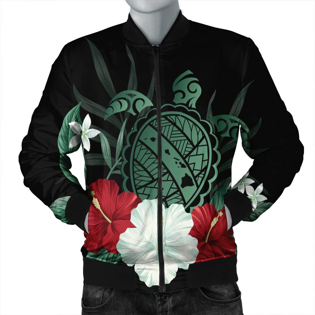 Hawaiian Map Turtle Hibiscus Polynesian Bomber Jacket - AH Black Unisex - Polynesian Pride