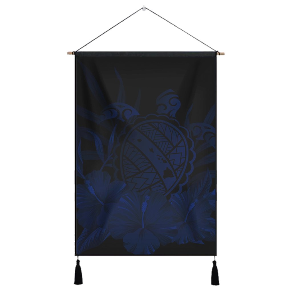 Hawaiian Map Turtle Hibiscus Polynesian Hanging Poster - Blue - AH Hanging Poster Cotton And Linen - Polynesian Pride