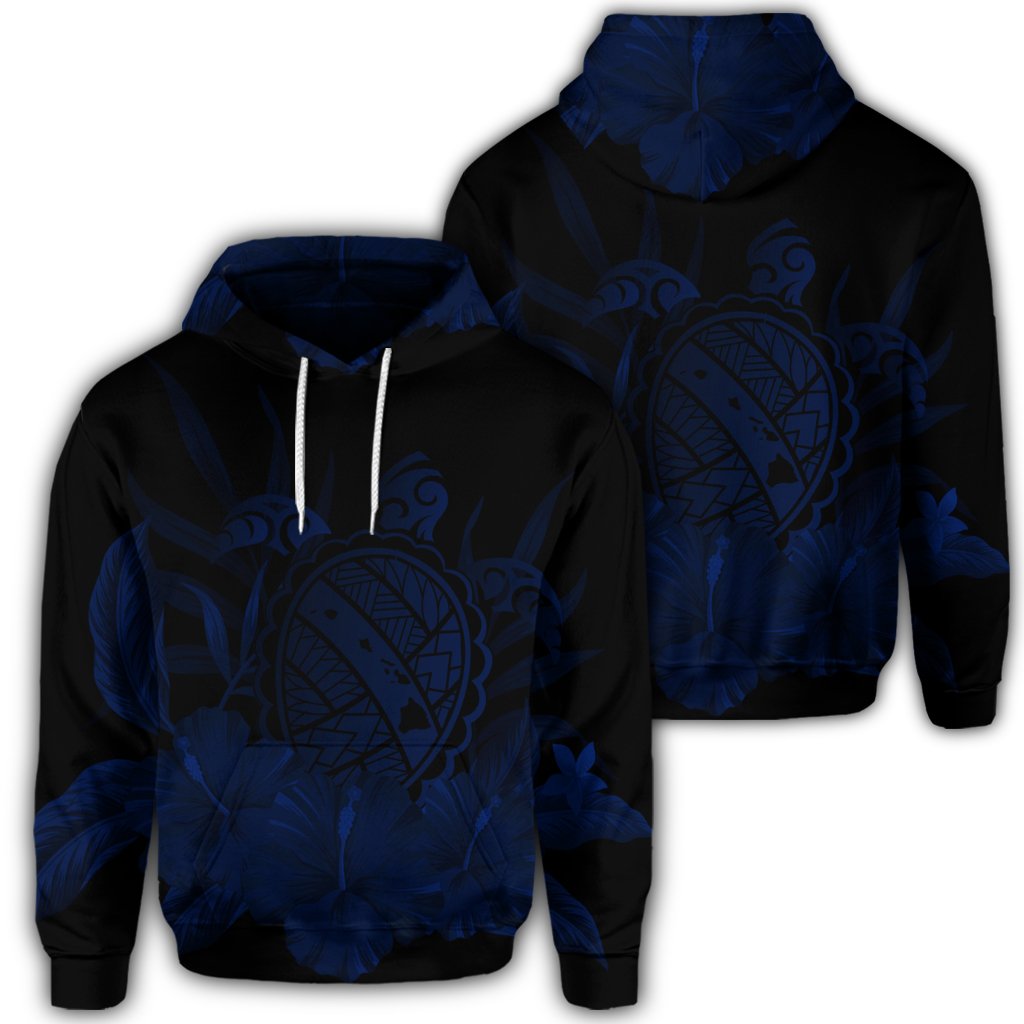 Hawaiian Map Turtle Hibiscus Polynesian Hoodie Blue Unisex Art - Polynesian Pride