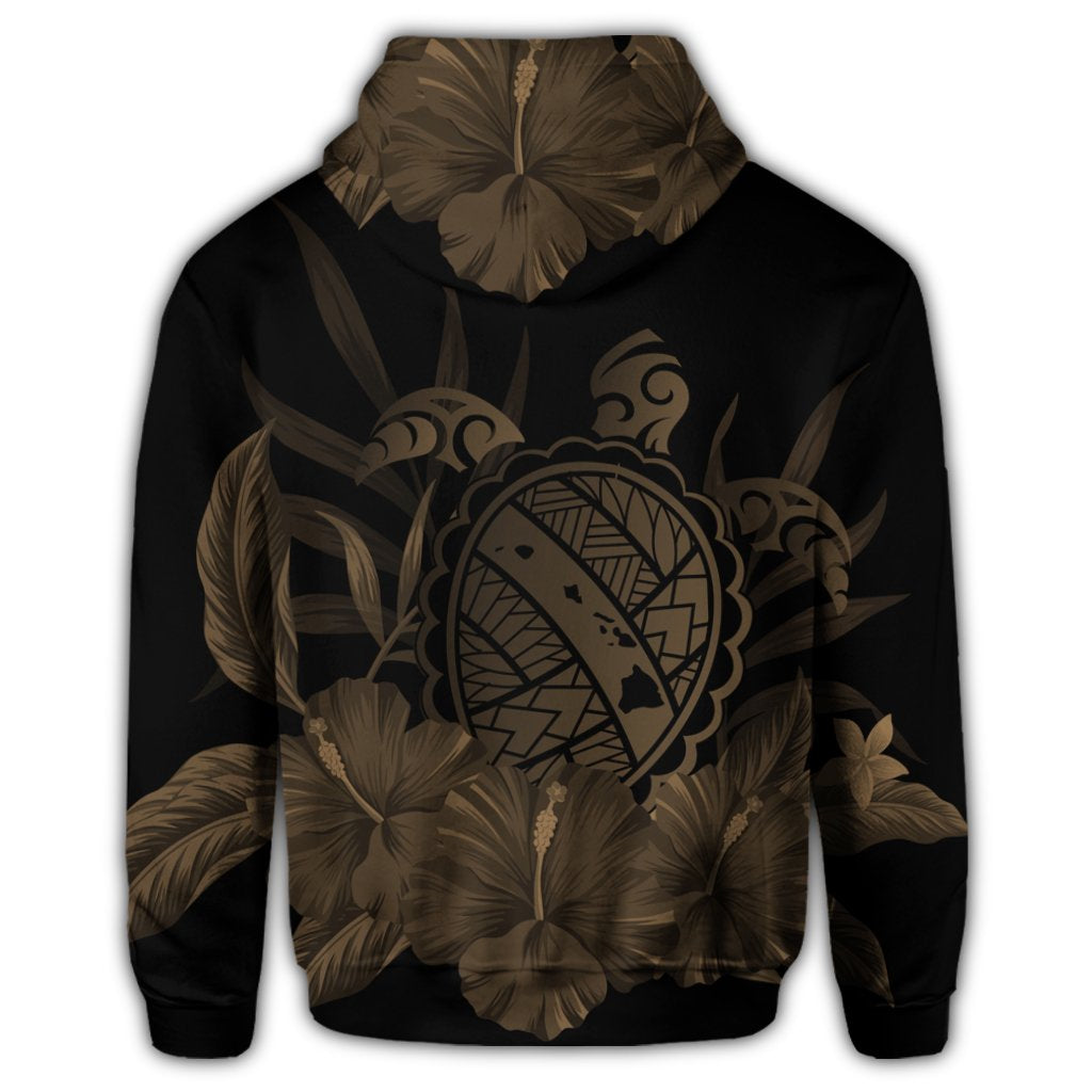 Hawaiian Map Turtle Hibiscus Polynesian Zip Hoodie Gold - Polynesian Pride