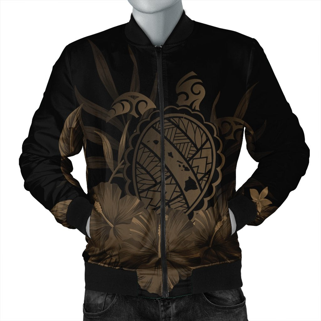 Hawaiian Map Turtle Hibiscus Polynesian Bomber Jacket - Gold - AH Black Unisex - Polynesian Pride