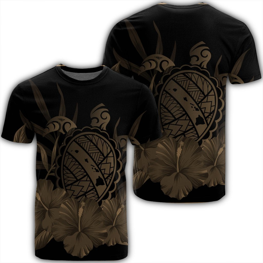 Hawaiian Map Turtle Hibiscus Polynesian T Shirt Gold Unisex Black - Polynesian Pride