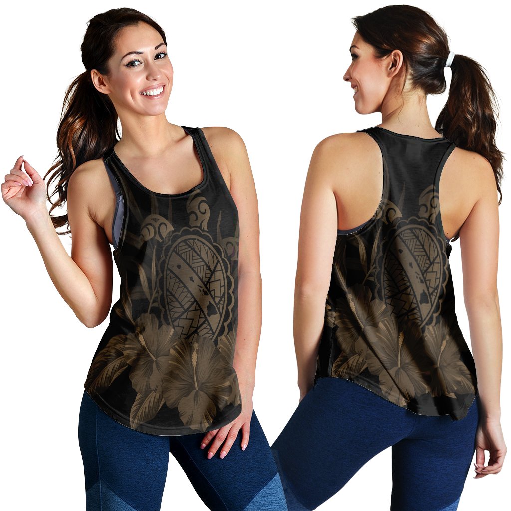 Hawaiian Map Turtle Hibiscus Polynesian Racerback Tank - Gold - AH Black - Polynesian Pride