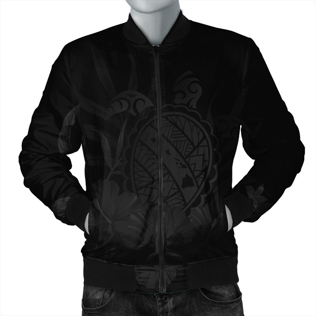 Hawaiian Map Turtle Hibiscus Polynesian Bomber Jacket - Gray - AH Black Unisex - Polynesian Pride