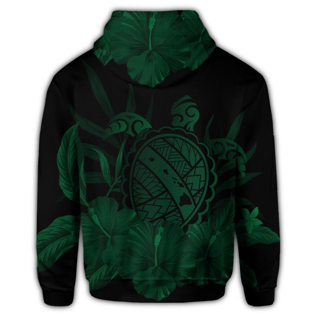 Hawaiian Map Turtle Hibiscus Polynesian Zip Hoodie Green - Polynesian Pride