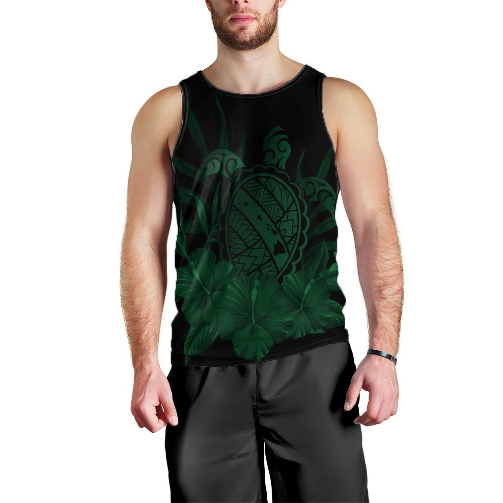 Hawaiian Map Turtle Hibiscus Polynesian Tank Top - Green - AH Black - Polynesian Pride