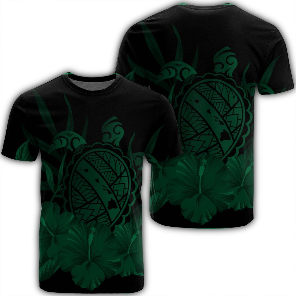 Hawaiian Map Turtle Hibiscus Polynesian T Shirt Green Unisex Black - Polynesian Pride