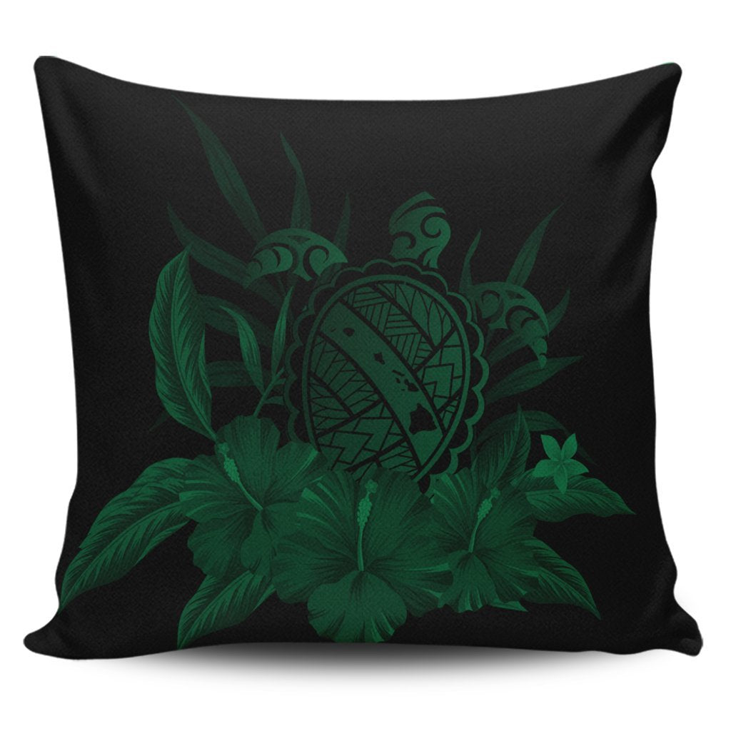 Hawaiian Map Turtle Hibiscus Polynesian Pillow Covers - Green - AH Pillow Covers Black - Polynesian Pride