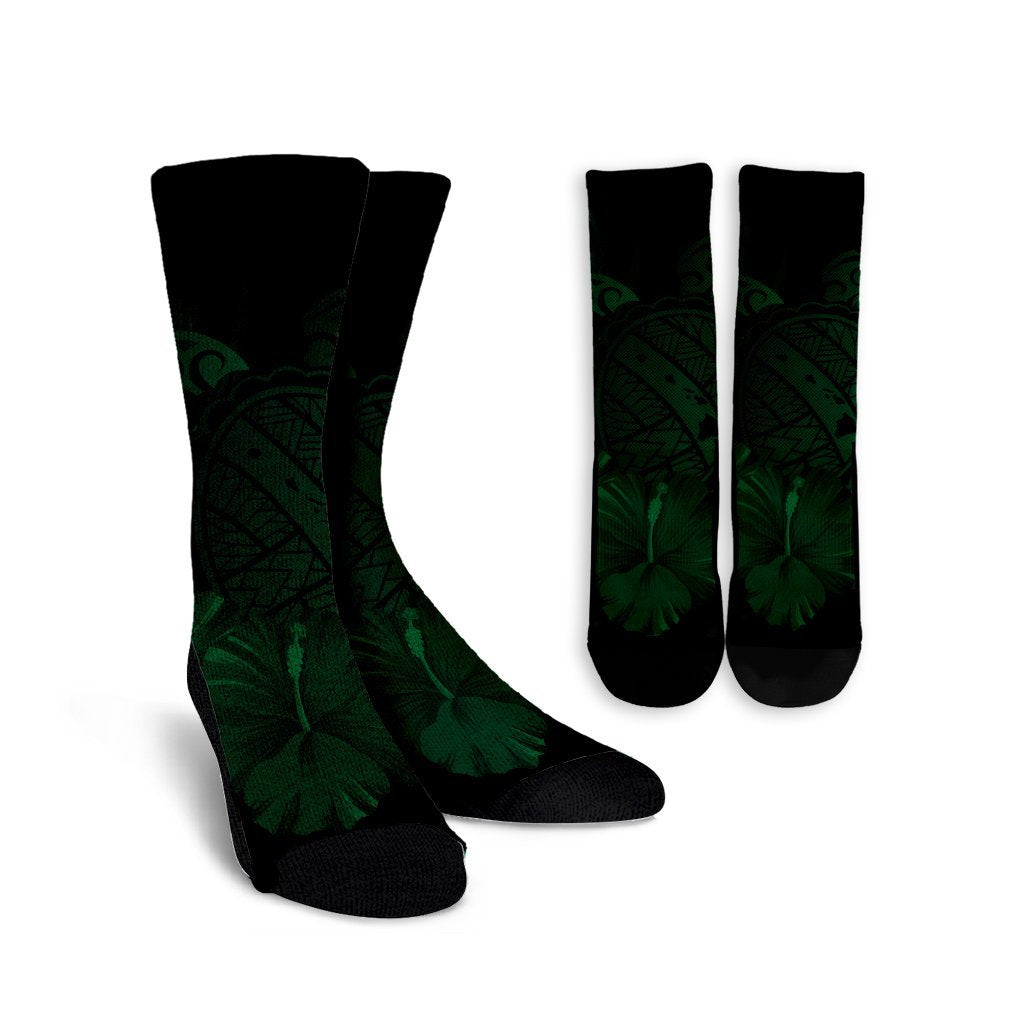 Hawaiian Map Turtle Hibiscus Polynesian Crew Socks - Green - AH Crew Socks White - Polynesian Pride