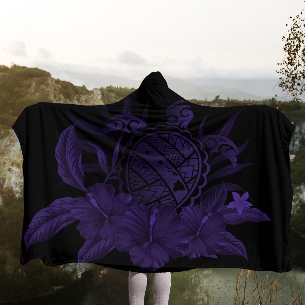 Hawaiian Map Turtle Hibiscus Polynesian Hooded Blanket - Purple - AH - Polynesian Pride