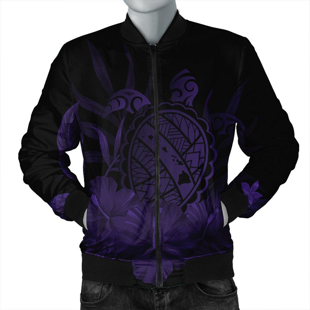 Hawaiian Map Turtle Hibiscus Polynesian Bomber Jacket - Purple - AH Black Unisex - Polynesian Pride