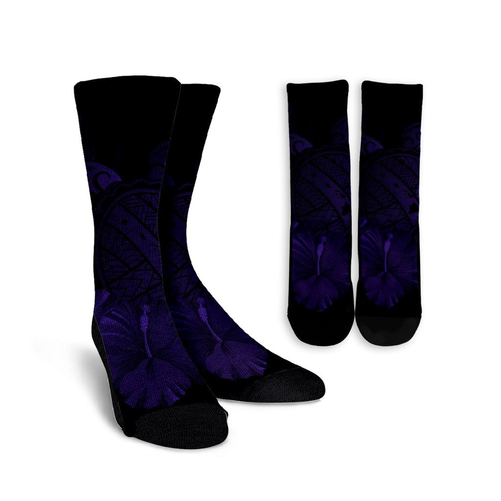 Hawaiian Map Turtle Hibiscus Polynesian Crew Socks - Purple - AH Crew Socks White - Polynesian Pride