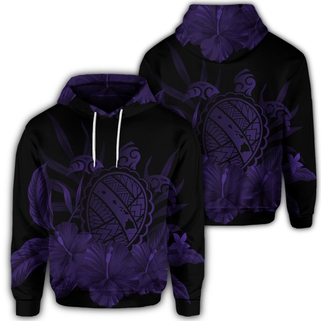 Hawaiian Map Turtle Hibiscus Polynesian Hoodie Purple Unisex Art - Polynesian Pride