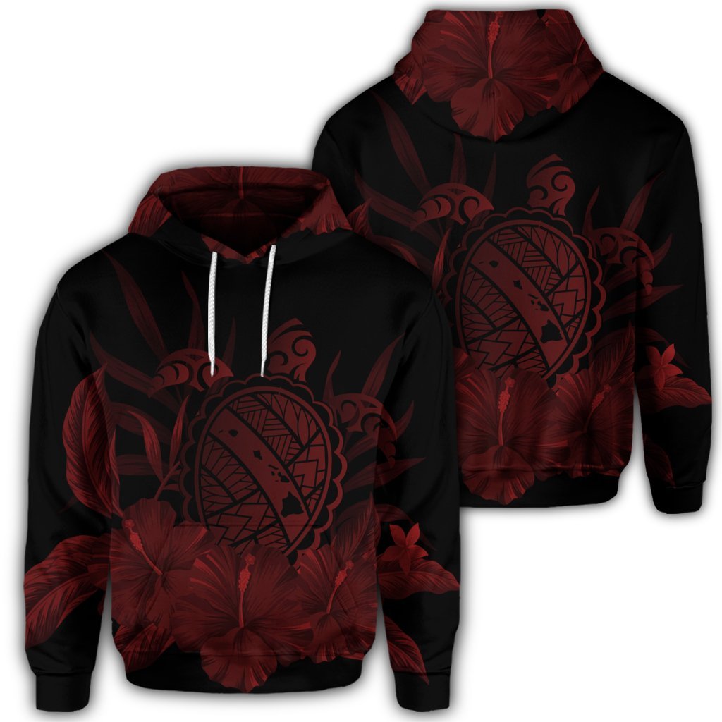 Hawaiian Map Turtle Hibiscus Polynesian Hoodie Red Unisex Art - Polynesian Pride